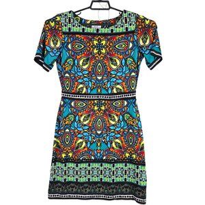 Womesn eci Multicolor Mosaic Dress BOHO Geometric Short Sleeve Polyester Size 6